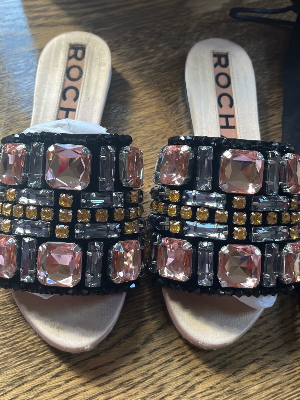 Rochas Pink Jeweled Slide Mules with Multi-Tone Crystals